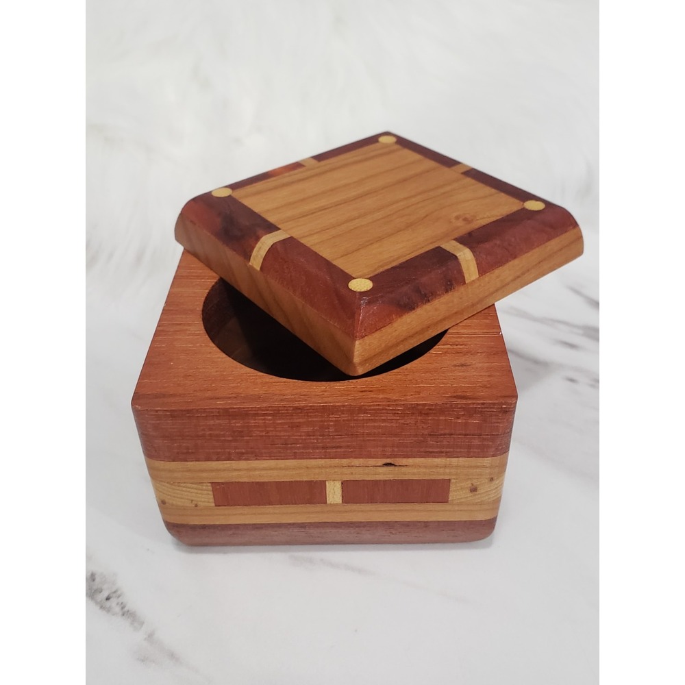 Trinket Storage box inlaid wood SWING OPEN LID MCM Vintage Pill Box Vanity